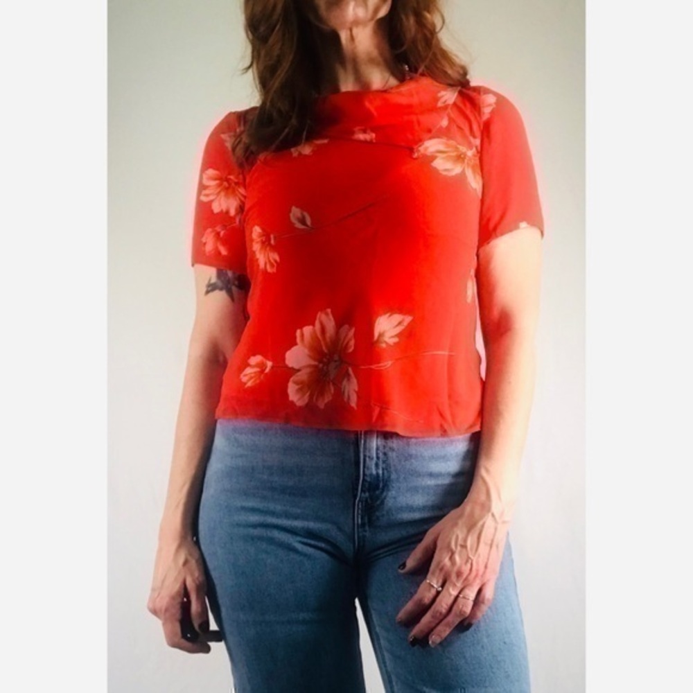 90’s Vintage ‘Studio I’ Pumpkin Orange Floral Chiffon Bias Cut Top